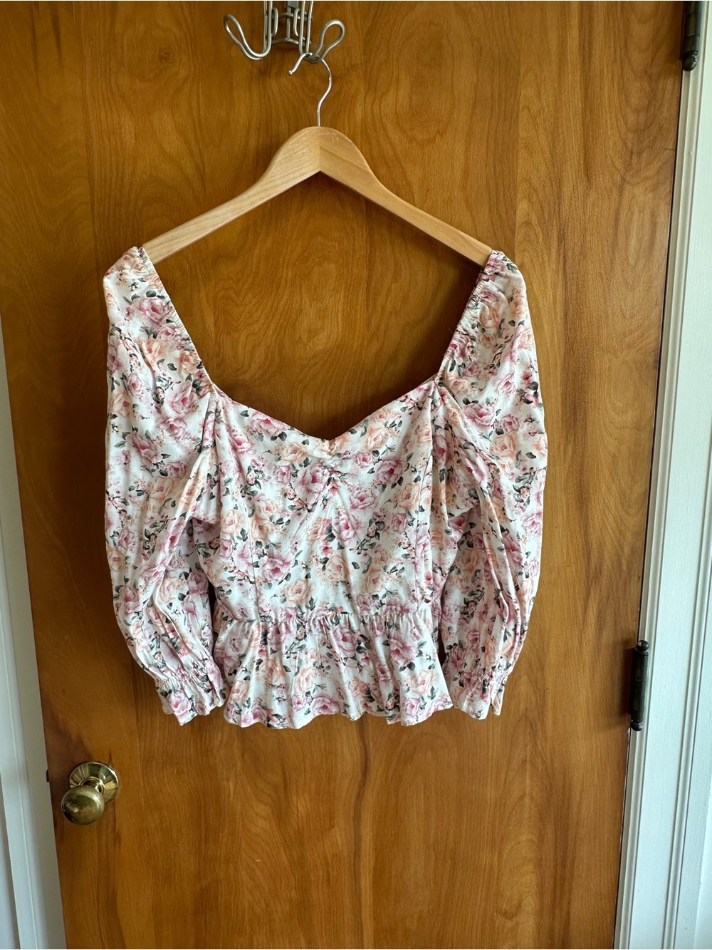 miami Pink Floral Puff-Sleeve Peplum Blouse